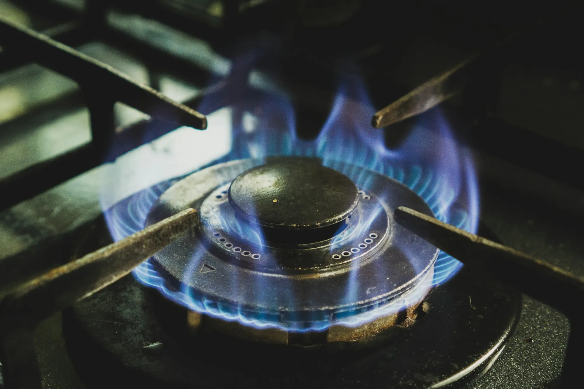 Blue gas flame burning on a burner